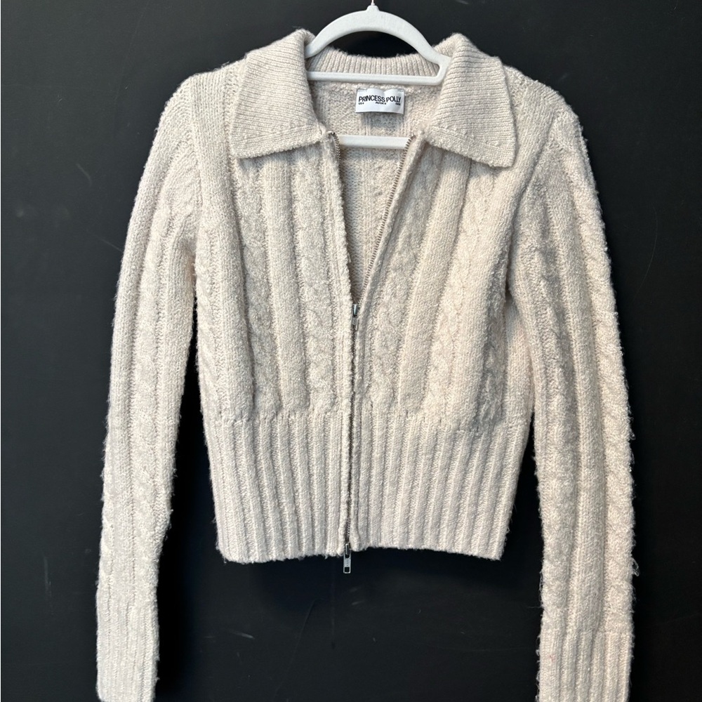 Princess Polly Cream Zip-Up Sweater